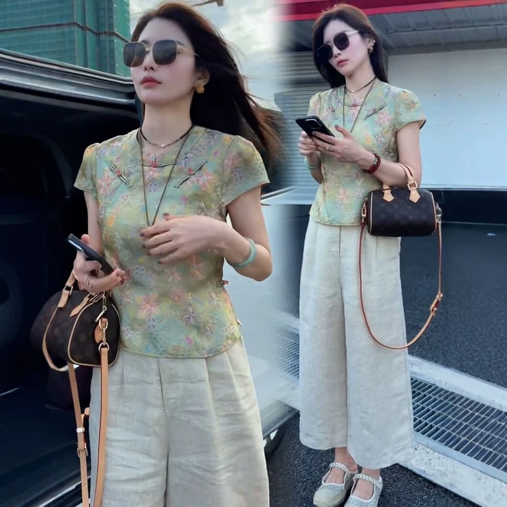 New Chinese Style Women's Set 2026 Summer New Fashionable Button Print Shirt Slim Wide-Leg Pants National Style Two-Piece Set