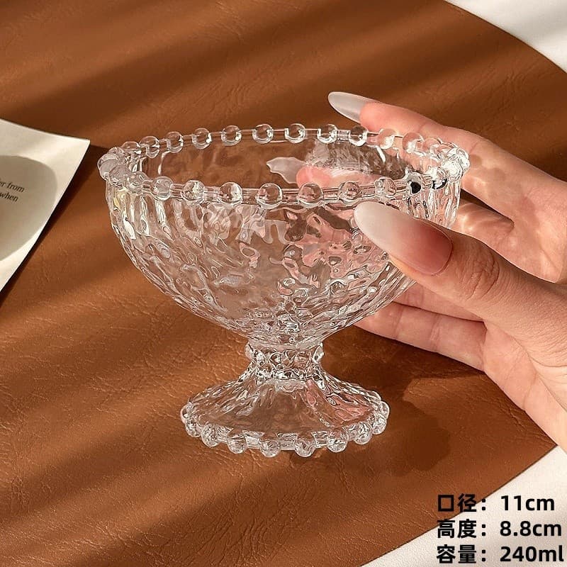 Niche Beaded Rim Low-Foot Dessert Bowl, Ice Cream Bowl, Sweet Soup Bowl, Glass Cup, Juice Cold Drink Bowl, Dessert Bowl