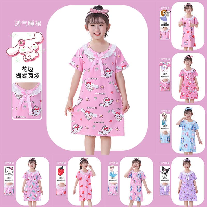 Girls' summer nightgown, short-sleeved, sweet cartoon lace dress, little girl's romper, children's clothing, loungewear for medium and large children.