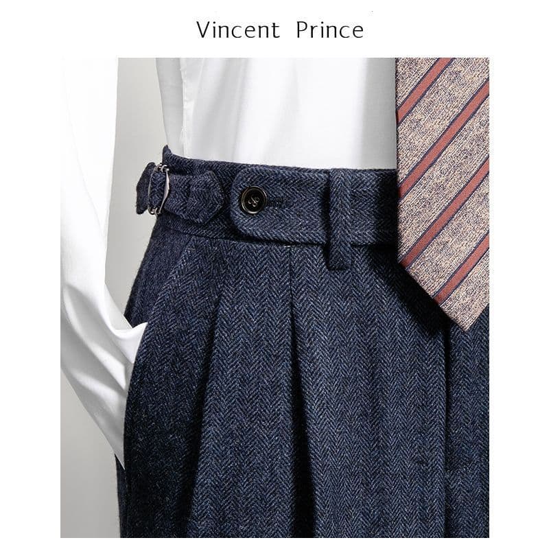 Neapolitan style men's Italian high-waisted slim-fit wool trousers, handmade tweed double-pleated casual straight-leg trousers.