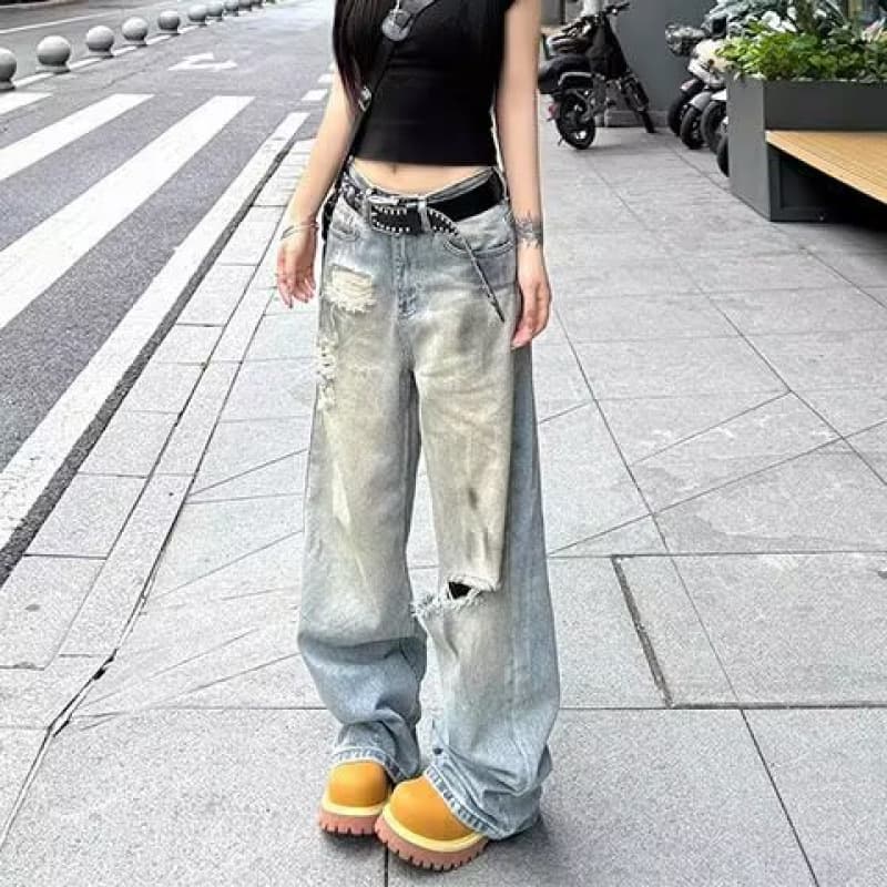 American High Street Vibe Retro Slim Straight Distressed Washed Light Blue Jeans Unisex Wide Leg Floor-Length Pants Trendy