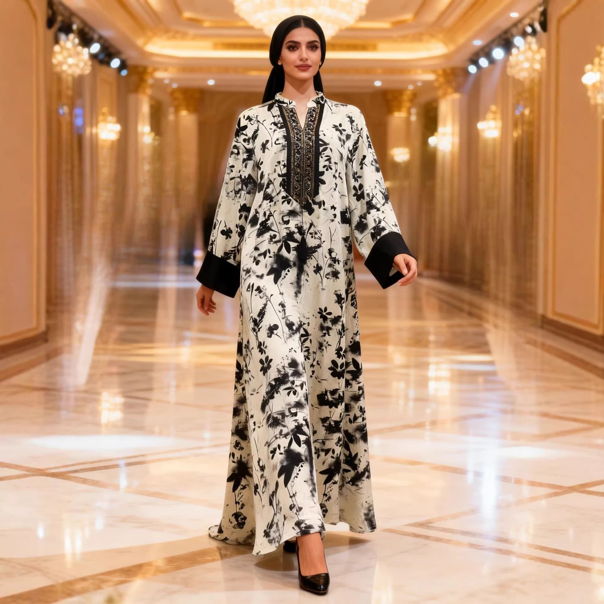 Fast Shipping Women's Ethnic Style Long Sleeve Black and White Ink Print Long Dress, Loose Fit with Beaded Collar