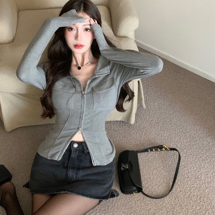Sexy Cardigan Slim Fit Zipper Long Sleeve Pure Desire Style Versatile Unique Ins Jacket Top for Women