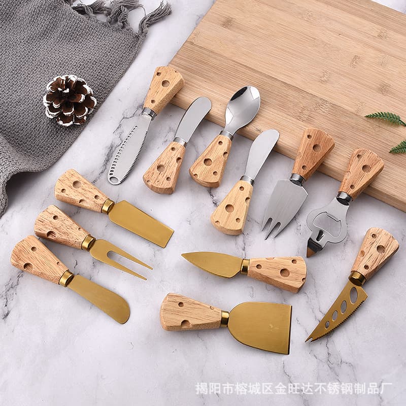 Stainless steel cheese knife gadget cheese handle rubber wooden handle butter knife pizza cheese knife, fork and spatula set