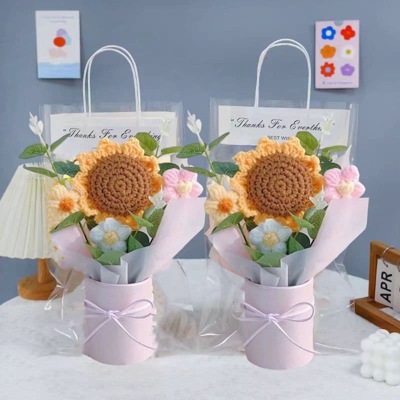Sunflower Yarn Finished Bouquet Gift Handmade Knitted Teacher's Day Artificial Flower Chenille Stem Sunflower Creative