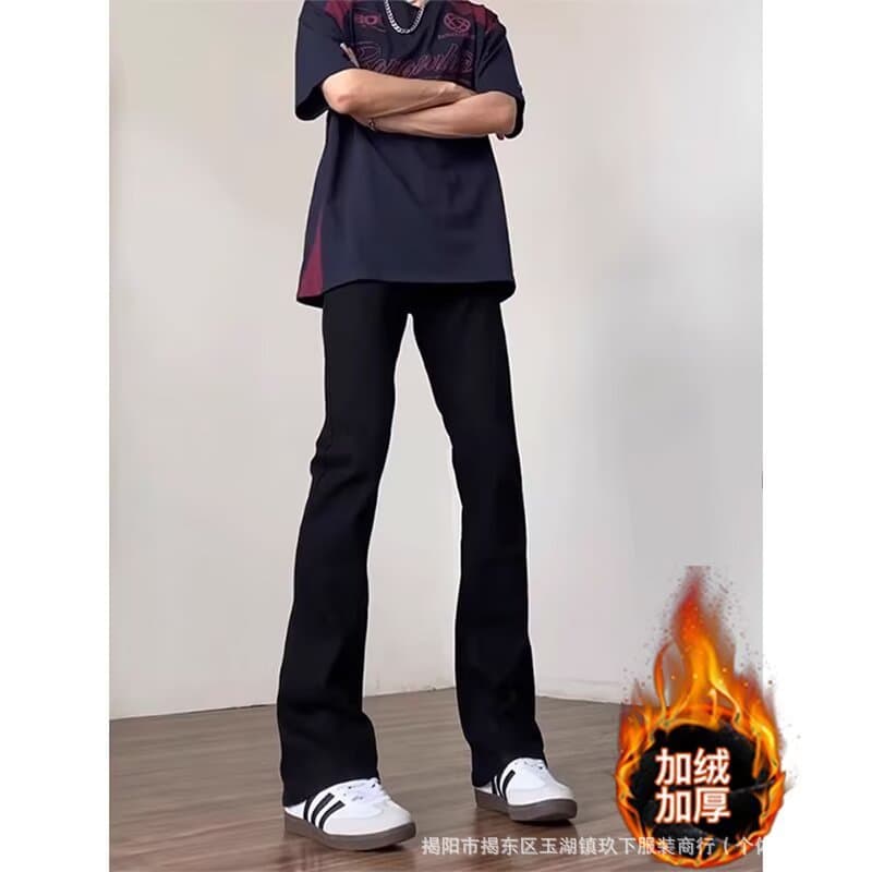 American high street simple black velvet jeans for men, autumn and winter trendy style, slim fit, long legs, slightly flared, versatile trousers