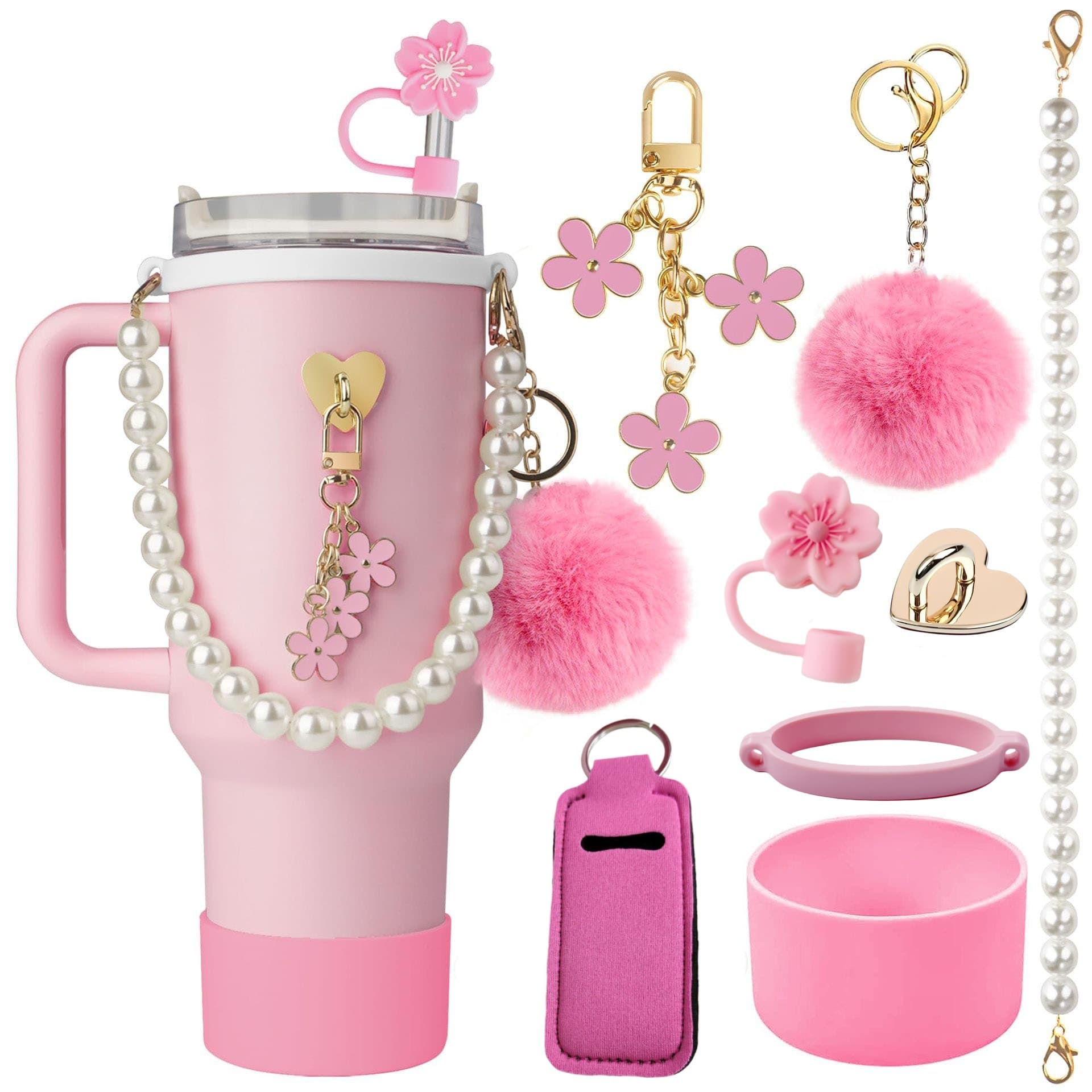 Pearl Cup Strap 8-Piece Set with Straw Dust Cover, Cup Sleeve and Handle Strap, Compatible with Stanley Water Bottle