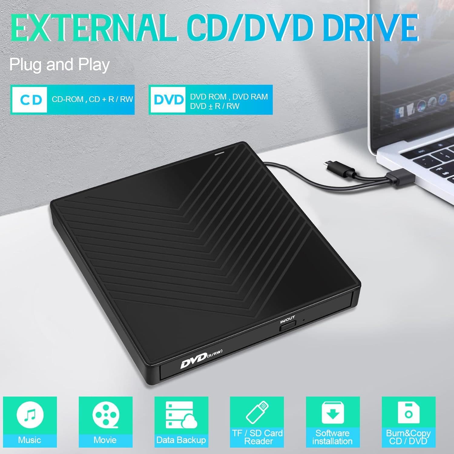 7-in-1 Multi-Function DVD Burner External Optical Drive for Laptop and Desktop Computer Ultra-Slim