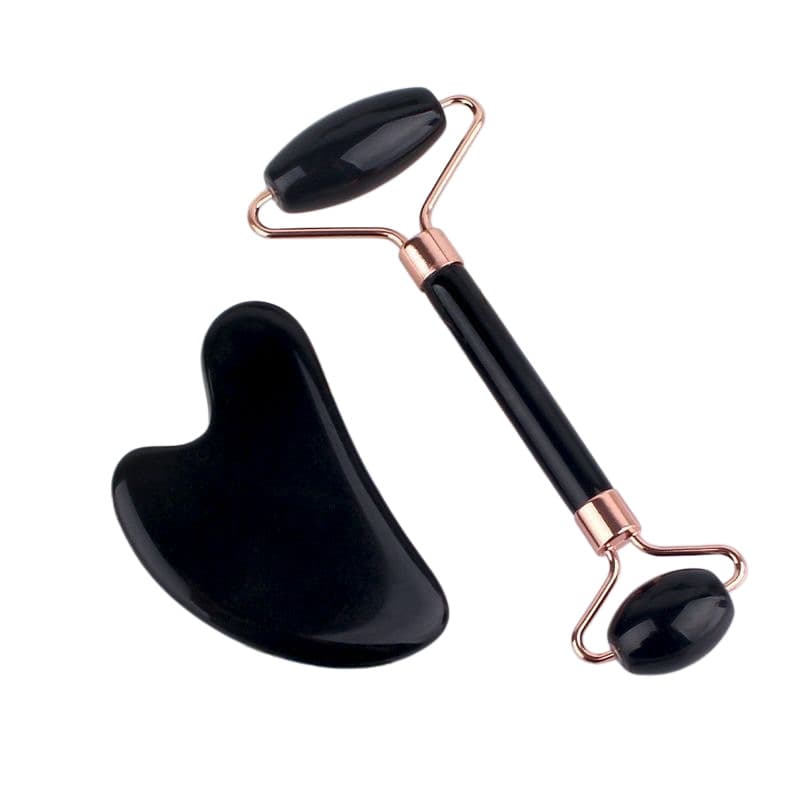 Amazon Best Seller Pink Crystal Jade Dual-Head Roller Massager Heart-Shaped Face Eye Massage Gua Sha Combo Set