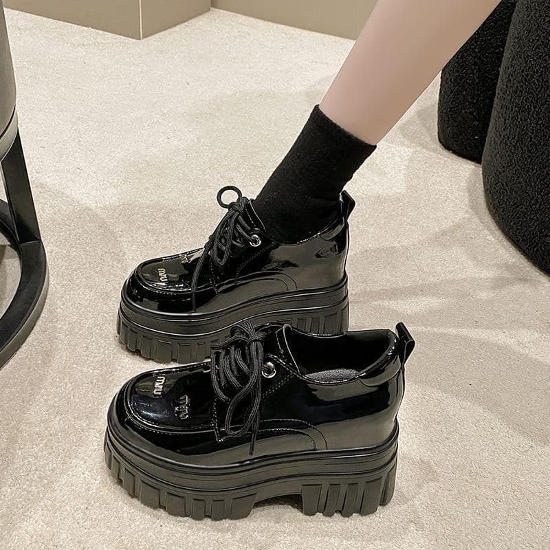 2022 Spring/Autumn/Winter British Style Single Shoes Thick Platform Round Toe Lace-Up Women's Shoes Versatile Height Increase Fashion Platform Shoes