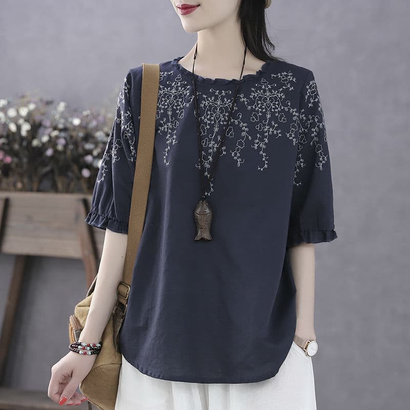 2025 Summer Fashionable Loose Plus Size Mother's T-Shirt for Middle-Aged Women, Age-Defying Lace Trim Top Blouse