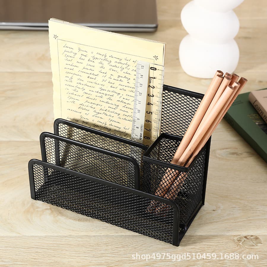 [Manufacturer] Desktop Office Supplies Letter Tray Pen Holder Combination Wire Mesh Three-tier File Organizer Letter Rack Wholesale