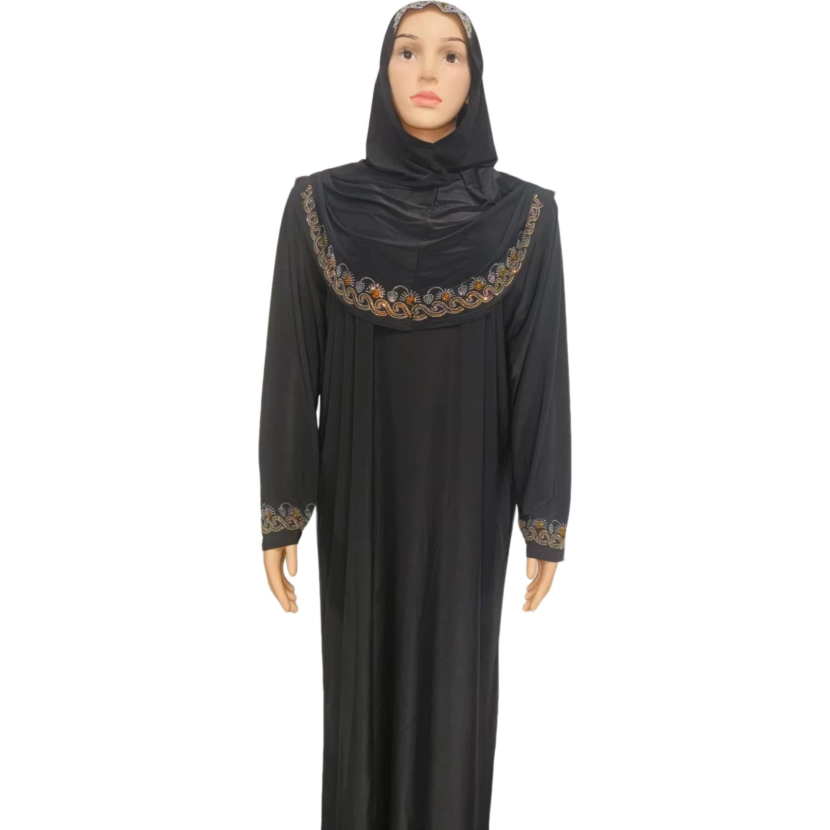 Source Factory Cross-border Bestseller Burkina Faso Mali Hotfix Rhinestone Black Robe for Women Prayer Abaya