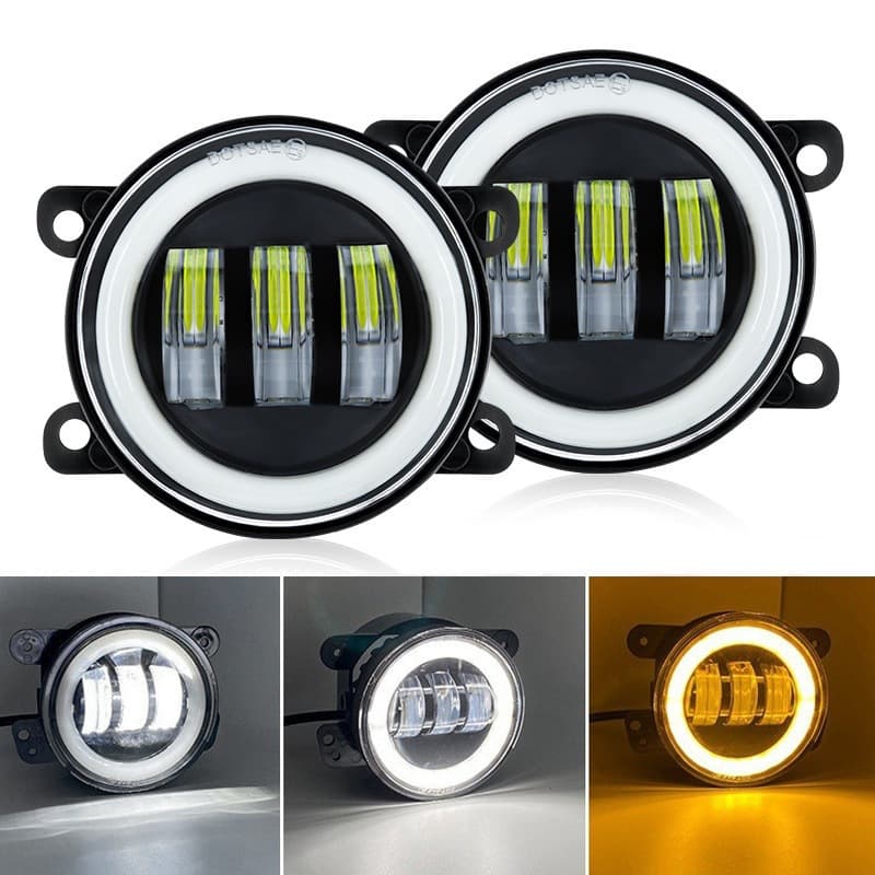 3.5-Inch 30W Jeep LED Fog Light Assembly, Yellow/White Angel Eye Off-Road Vehicle Headlight Lens Daytime Running Light