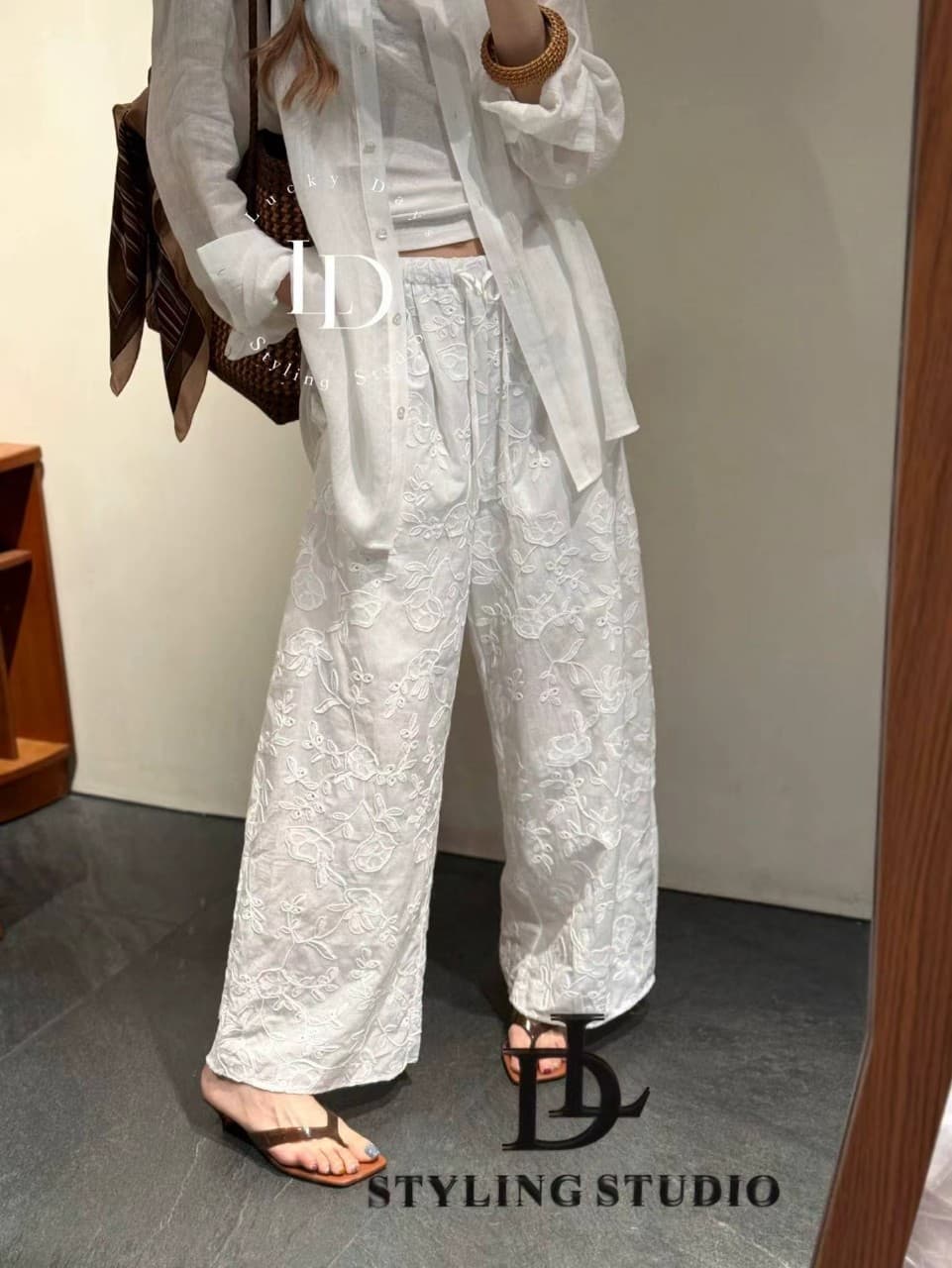 26 Summer Finely Crafted Hollow-Out Embroidered Pure Cotton Loose Versatile White Elastic Waist Slimming Wide-Leg Pants 108