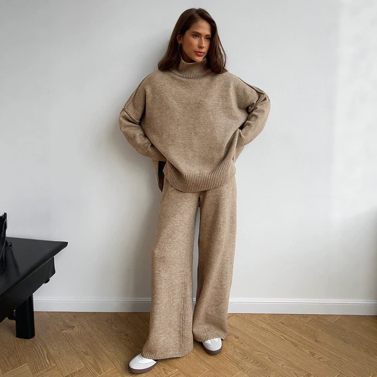 Cross-border turtleneck sweater women's European and American autumn and winter new loose casual lazy thickened knitted trousers wide-leg pants suit
