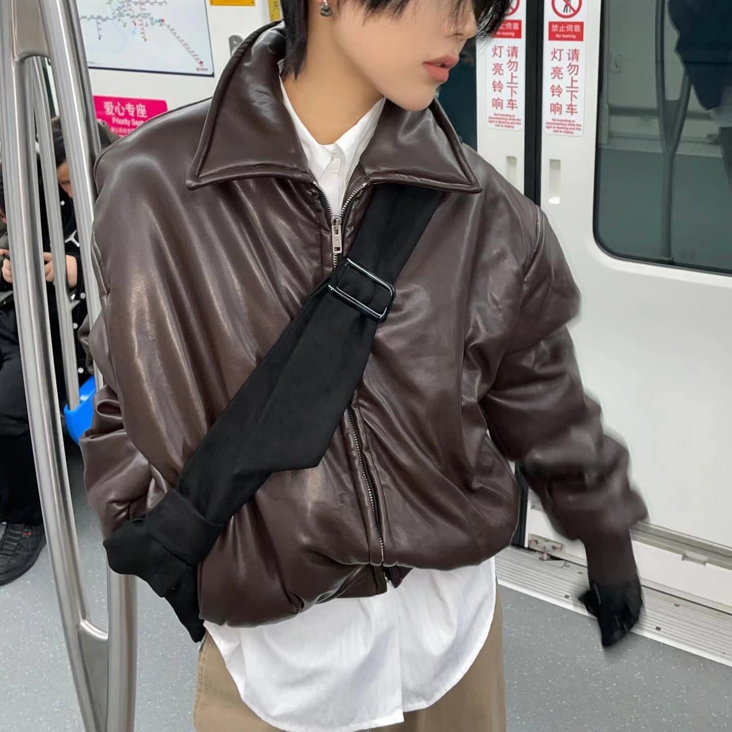 Jennie Style Maillard Color Vintage Quilted Short Puffer Jacket Crop Cut Pilot Leather Jacket