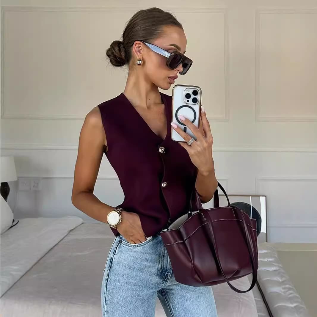 Metal Buckle Autumn Winter Sweater Slit Short Slim Vest Street European American Export Top Cardigan