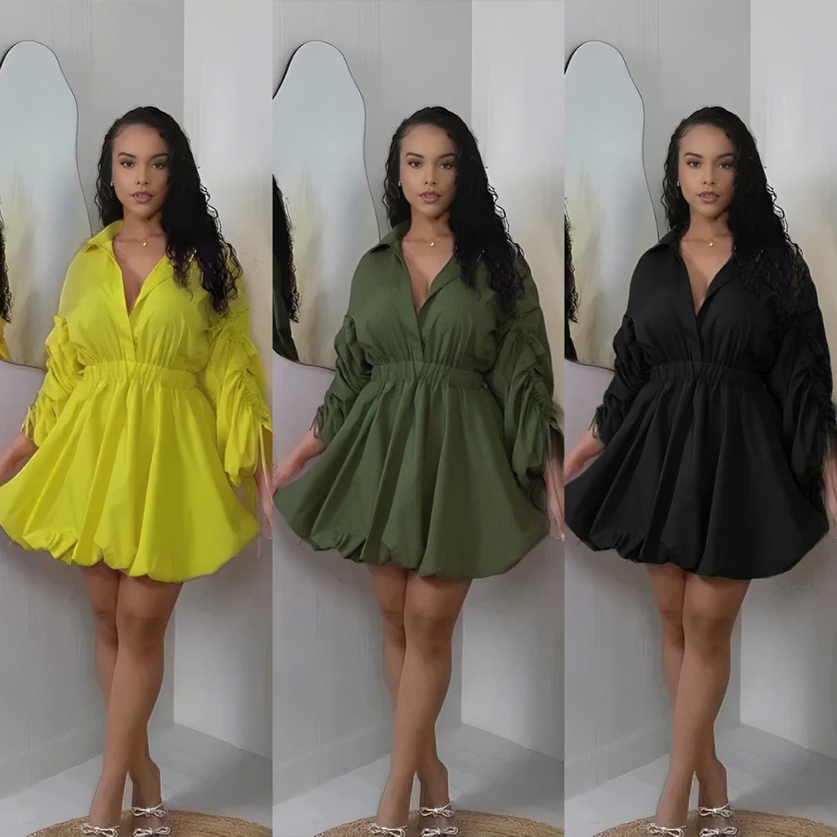 K3735 European and American Sexy Casual Commute Drawstring Sleeve Waist-Cinching Puff Shirt Collar Long Sleeve Dress