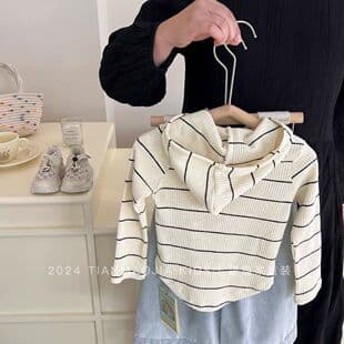 Korean Style Girls' Autumn Outfit Set, 2026 New Arrival, Fashionable Striped Hooded Top and Wide Leg Pants Two-Piece Set