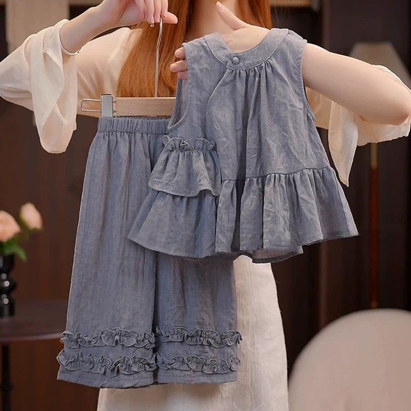 Girls Summer Sleeveless Vest Set Children Irregular Ruffle Trim Top Casual Wide-Leg Pants Two-Piece Set Trendy