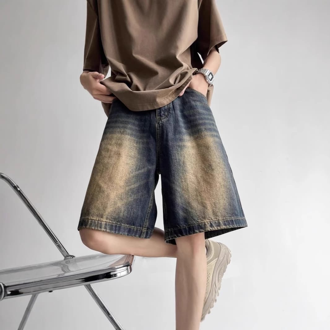 Summer Vintage Washed Loose Fit Straight Leg Men's Denim Shorts Trendy Brand Slimming Five-Point Pants Retro Mid-Length