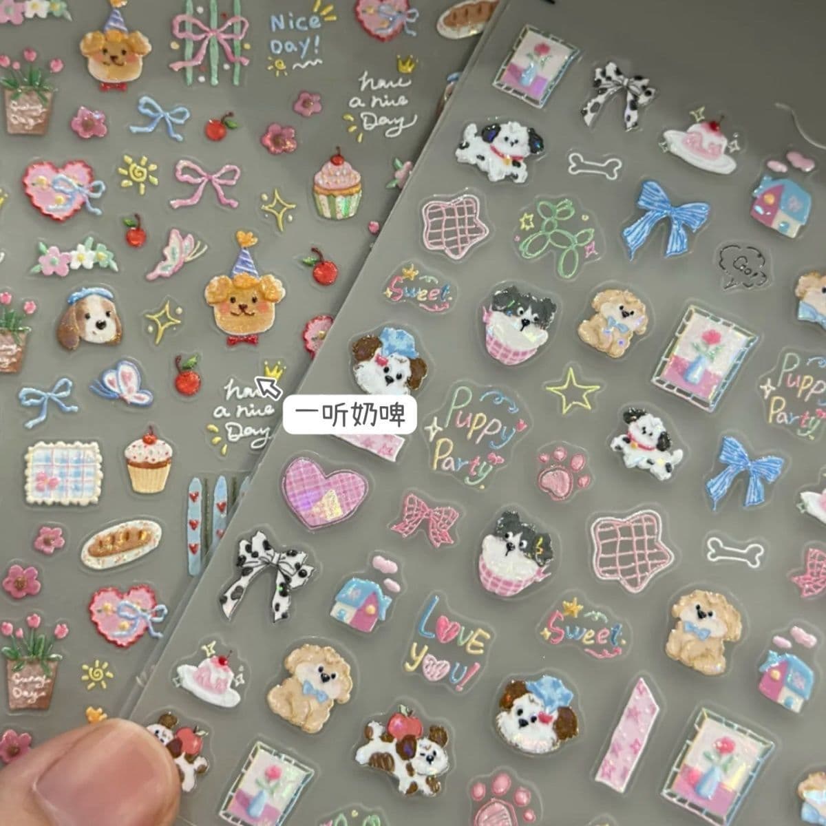 Korean Soft Cute Graffiti Dog Bow Nail Sticker Ins Hand-drawn Cute Dog Journal Sticker Shell Gloss