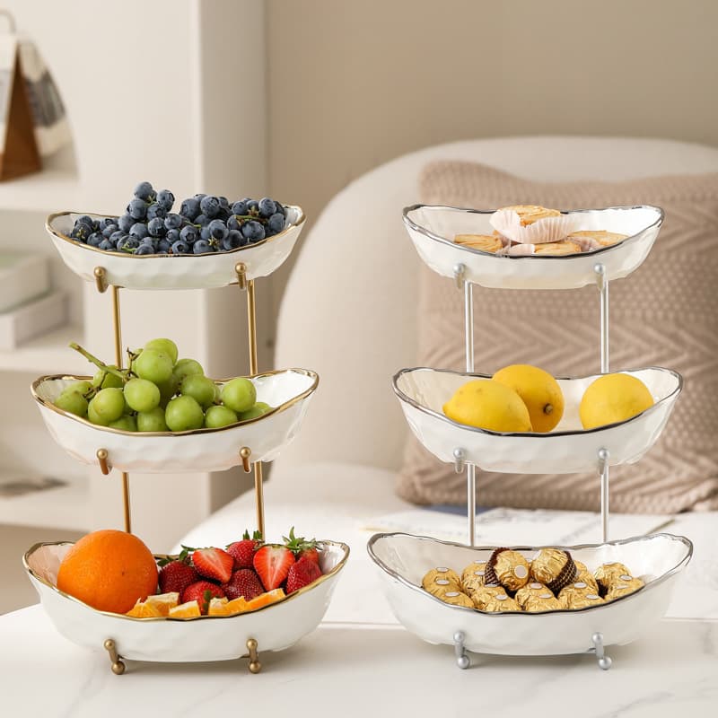 Light luxury ceramic fruit plate wrought iron fruit basket double layer three layer fruit plate living room home snack snacks dry fruit plate