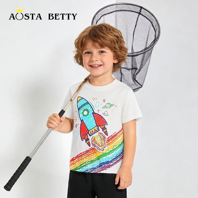 Source factory children's clothing European and American style space print children's short-sleeved T-shirt knitted cotton round neck pullover for small and medium-sized children