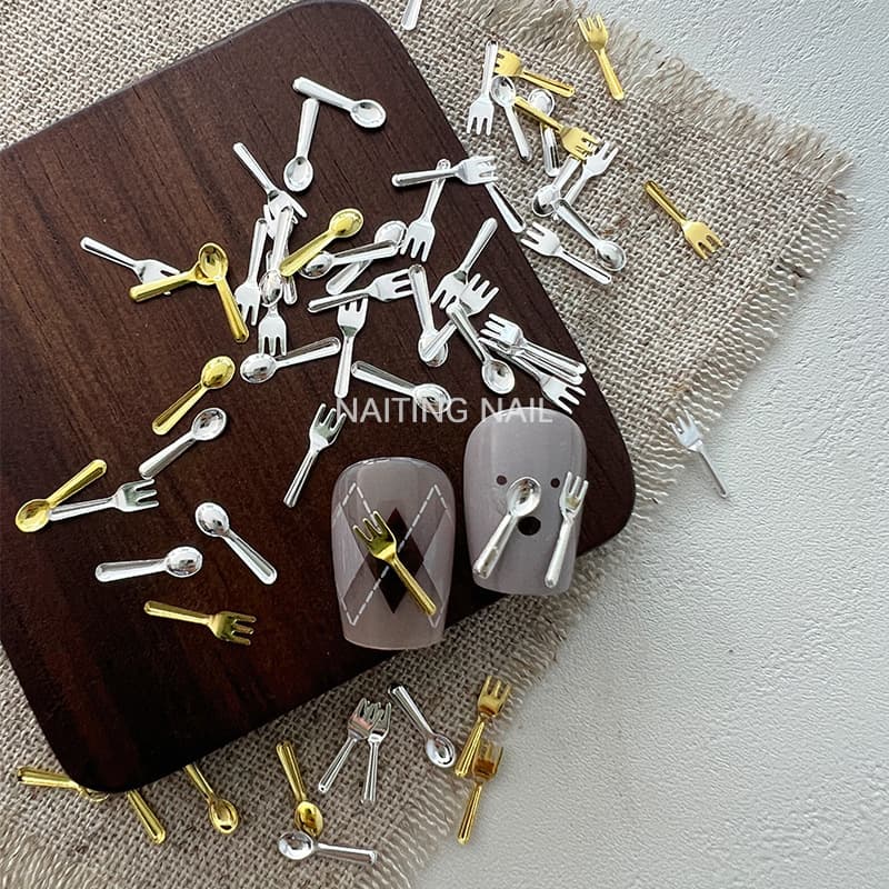 Mini Metal Forks and Spoons Nail Decor, Korean Ins Niche Utensil Series, Knife and Fork Nail Ornaments