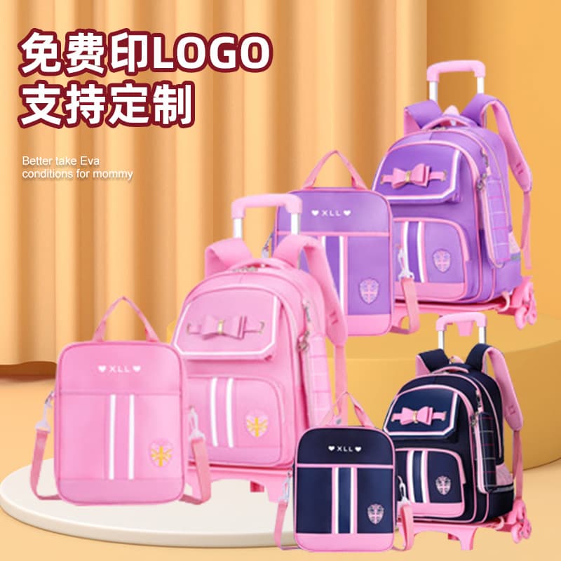 Oxford Cloth Backpack with Pull Rod Six Wheels Climbing Stairs Children's Backpack Girls Primary School Bag Waterproof Wear-resistant Load-reducing Breathable
