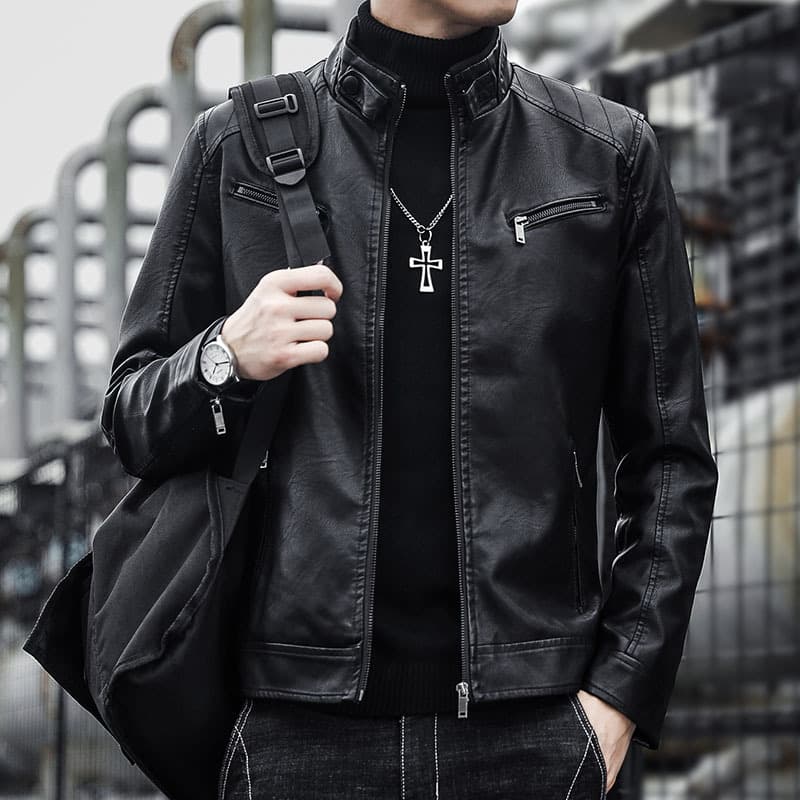 Men's Jacket New Spring/Autumn Ins Stylish Motorcycle Winter Workwear Fleece Lined Upper Stand Collar Leather Jacket