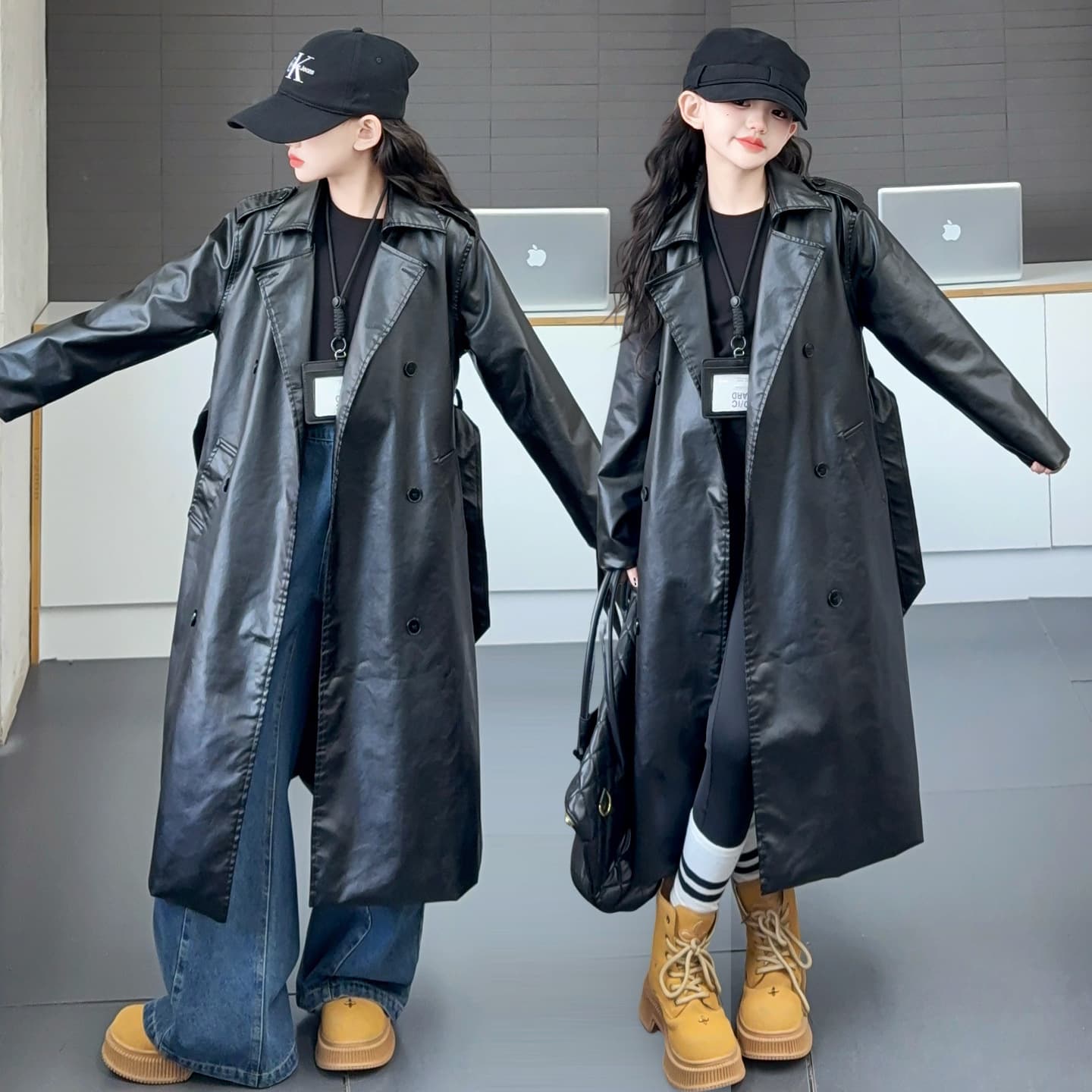 Cross-border Children's PU Leather Trench Coat for Girls, Double-Breasted, Adjustable Belt, Lapel Collar, Long Style, 2025 Fall/Winter Kids' Wear