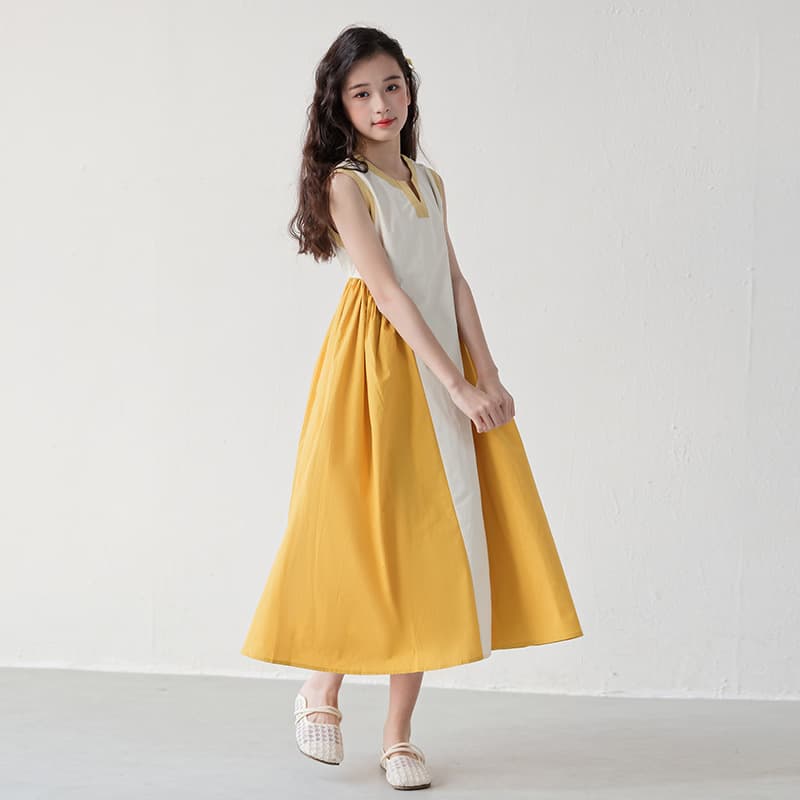 2025 New Girls Patchwork Dress Summer Sleeveless Cute Princess Dress for Older Children V-Neck Flared Long Dress