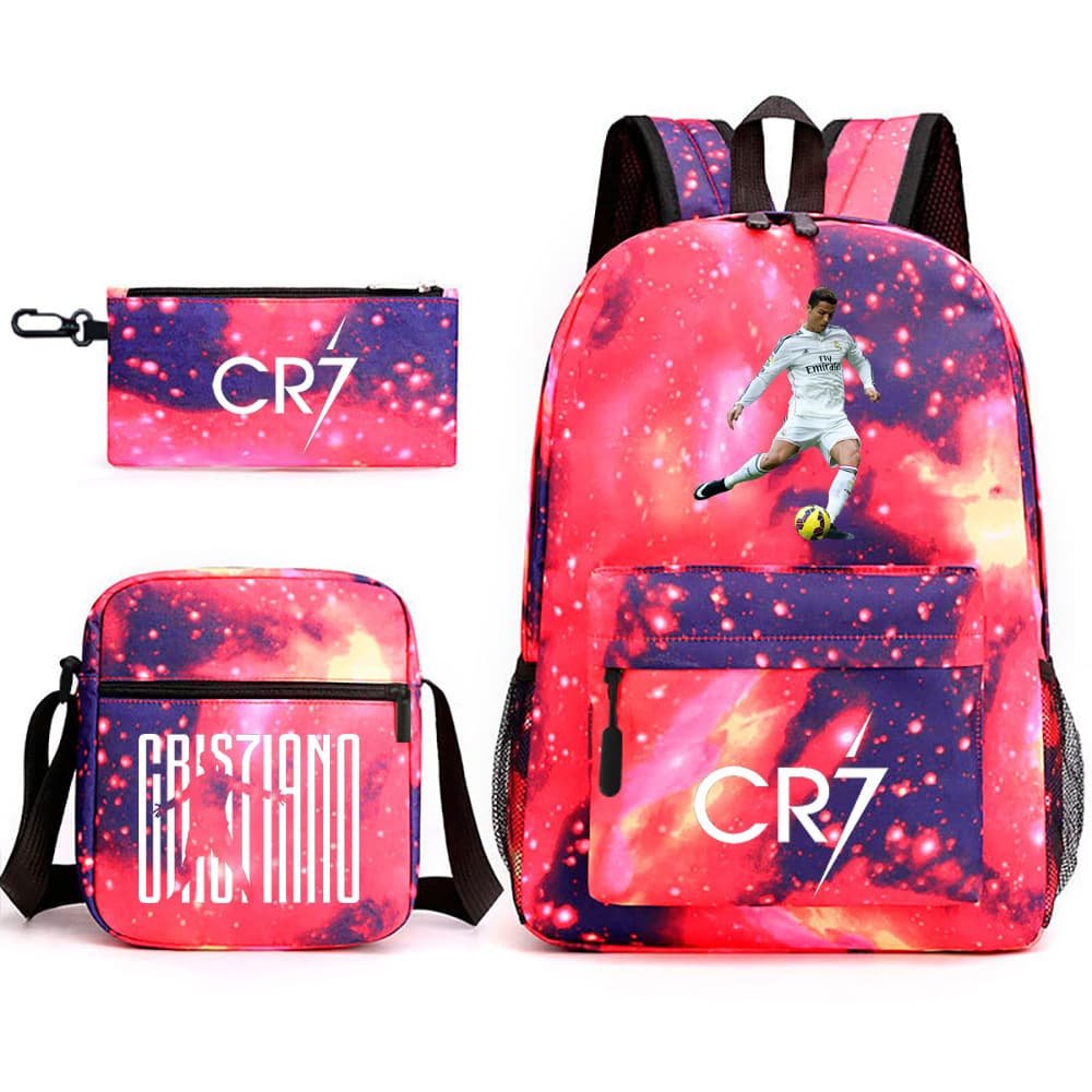 Neymar, Cristiano Ronaldo, Messi Football Backpack - Printed 3-Piece Set Student Backpack, Shoulder Bag, Pencil Case