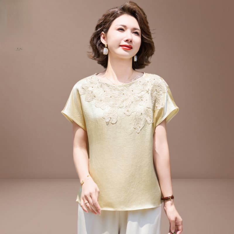 Women's Summer Short Sleeve Chiffon Blouse 2026 New Style, Middle-aged and Elderly Women's Summer Set