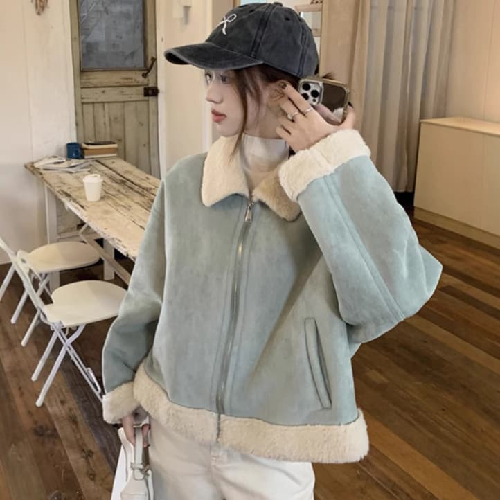 Korean Style Lapel Fleece-Lined Thickened Warm Deerskin Velvet Jacket Women's Fur Integrated Zipper Jacket Cardigan Trendy A8851