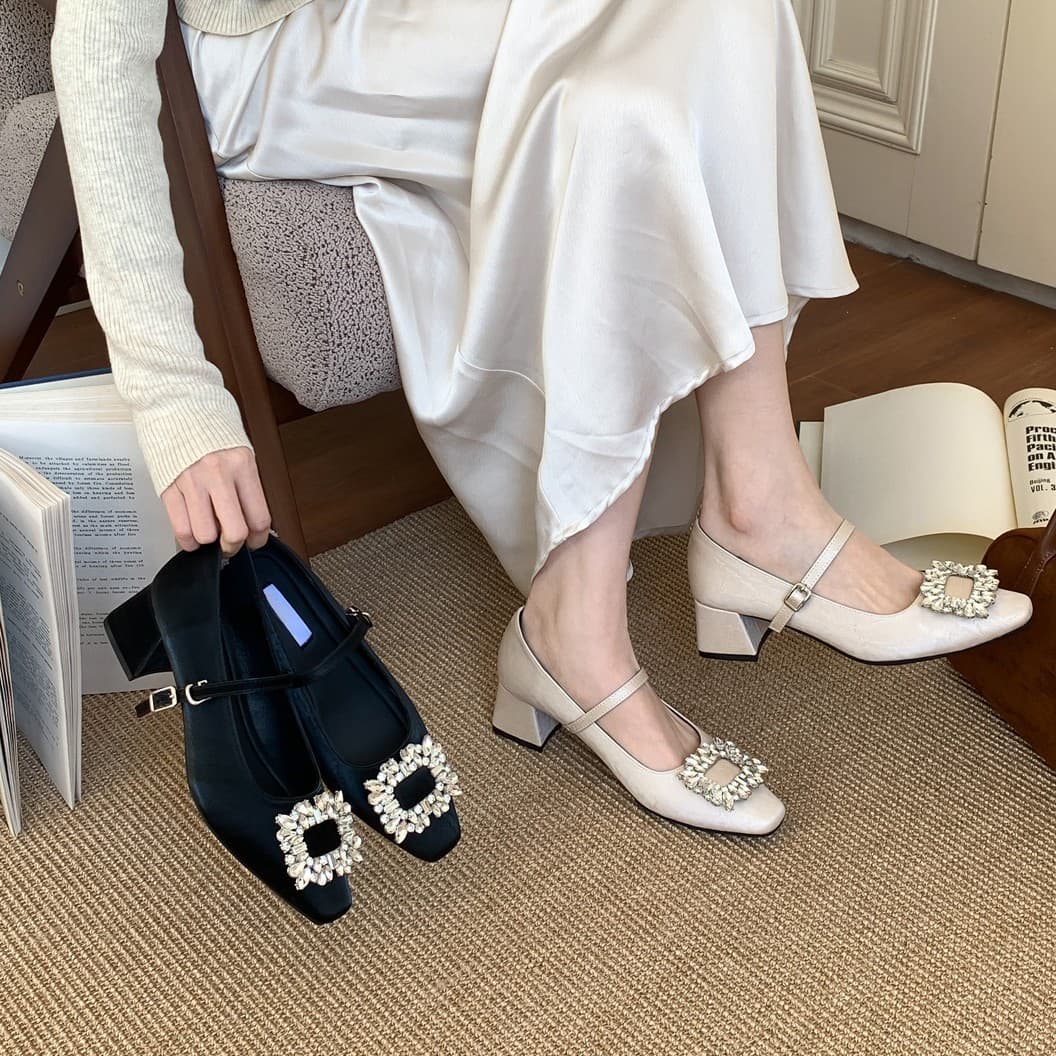 French Evening Breeze Silver Women's Versatile Mary Jane Heels with Rhinestone Square Buckle, Chunky Heel, 2025 Spring/Summer New Arrival