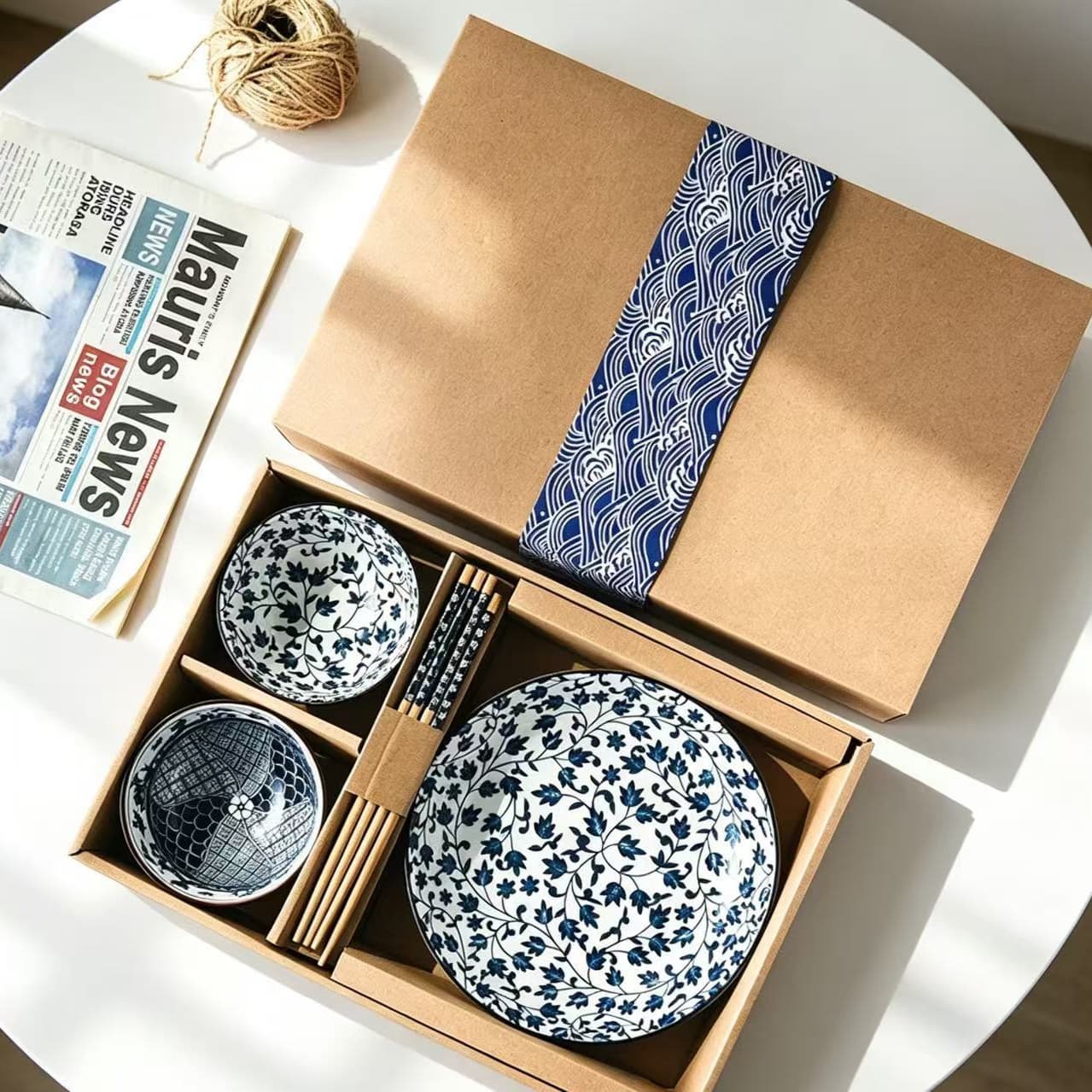 Japanese Ceramic Cowhide Box Dinnerware Set Bowl Plate Gift Box Round Gift Bowl Vintage Ceramic Plate Blue and White Porcelain