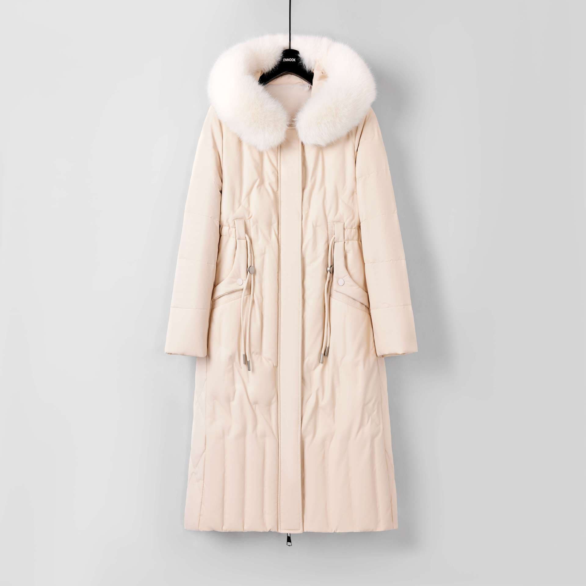 New Winter Warm Women's Down Jacket Leather Mid-Length Lined Custom Coat Hooded Fur Collar Trench Coat