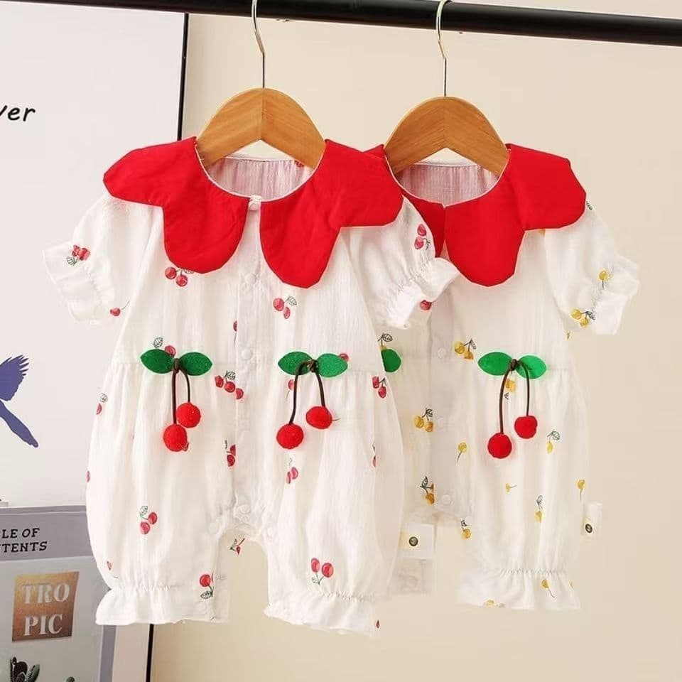 Baby jumpsuit, summer short-sleeved crawl suit, Internet celebrity, super cute and fashionable baby cherry half-sleeved thin harem