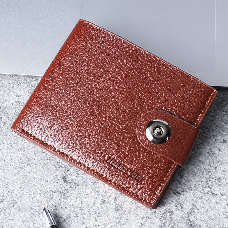 Magnetic Button Wallet Short Style Men's Wallet with Zipper, Fits Driver's License, Horizontal Leather Billfold