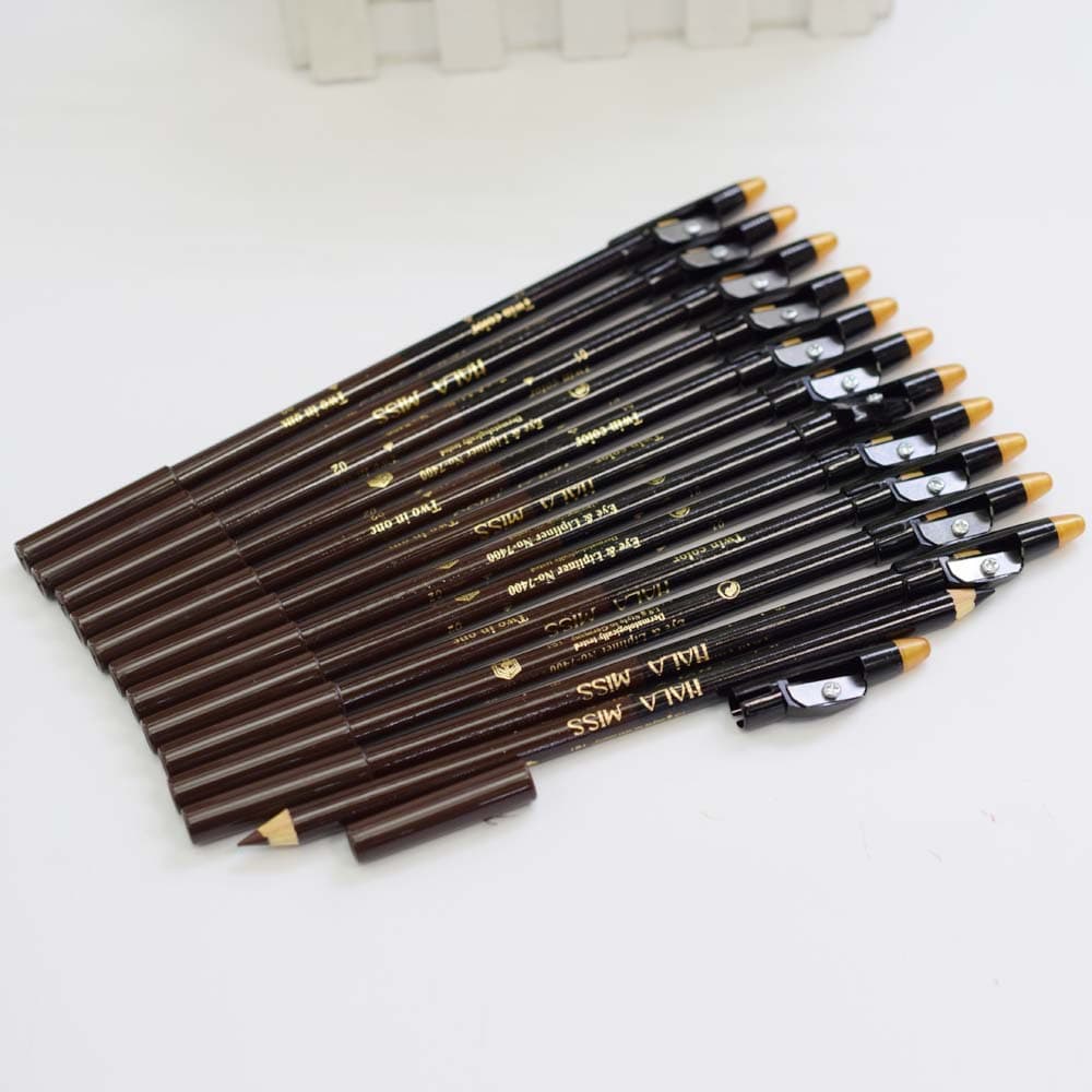 P740102 Double-Ended Black and Brown Wooden Eyebrow Pencil with Sharpener, Makeup Pencil