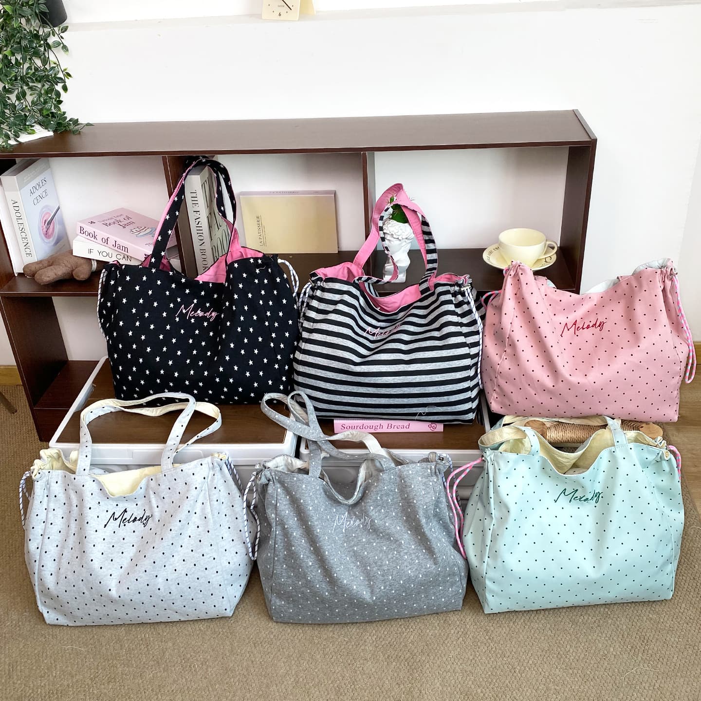 Korean-Style Polka Dot Double-Sided Shoulder Bag, Small Love-Themed Nylon Drawstring Tote Bag, Versatile Large-Capacity Commuter Cloth Bag for Women