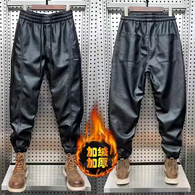 Men's Fleece-Lined Thickened Leather Pants for Riders and Delivery, Tapered Leg, Autumn/Winter Motorcycle Windproof Warm Casual Long Pants