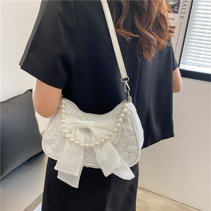 New Sweet Girl Pearl Handbag Bow Fashion Versatile Women's Bag Korean Style Elegant Ladies Shoulder Bag