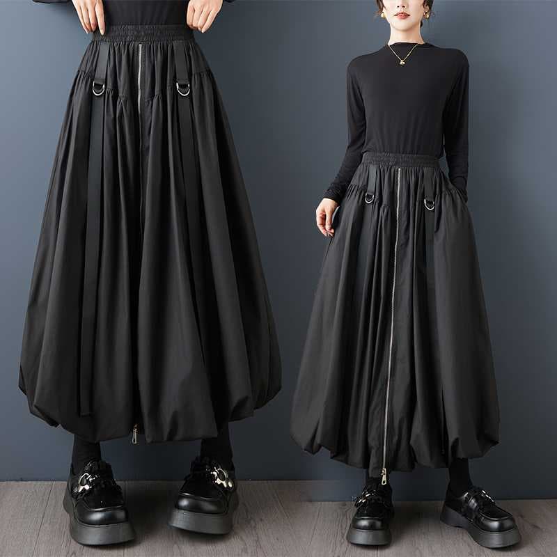 Dark Style Niche Design Zipper Patch High-Waist Slimming Skirt, Casual Fashion Versatile Puff Skirt