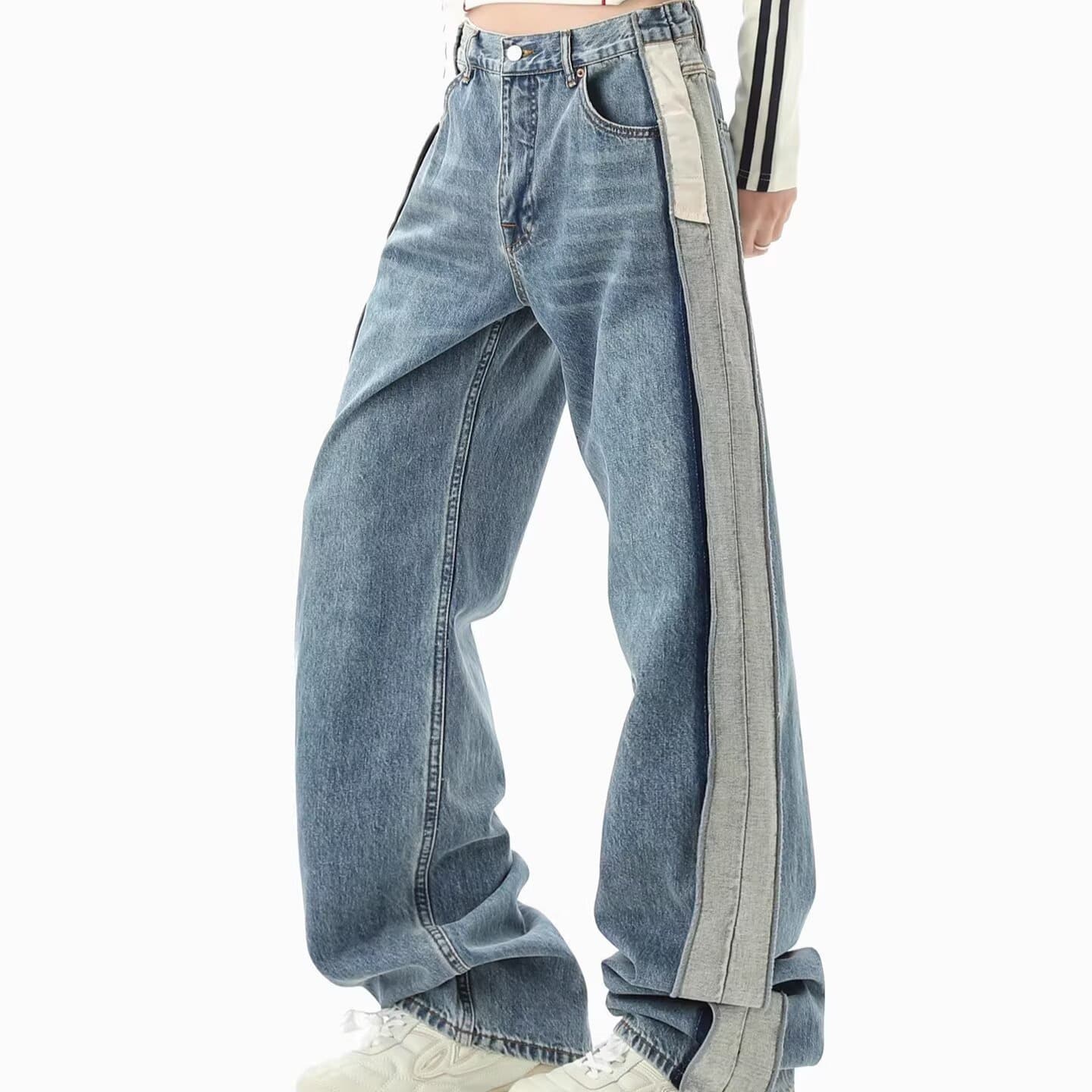 American retro splicing design casual pants for spring men and women niche color matching deconstructed straight slim jeans