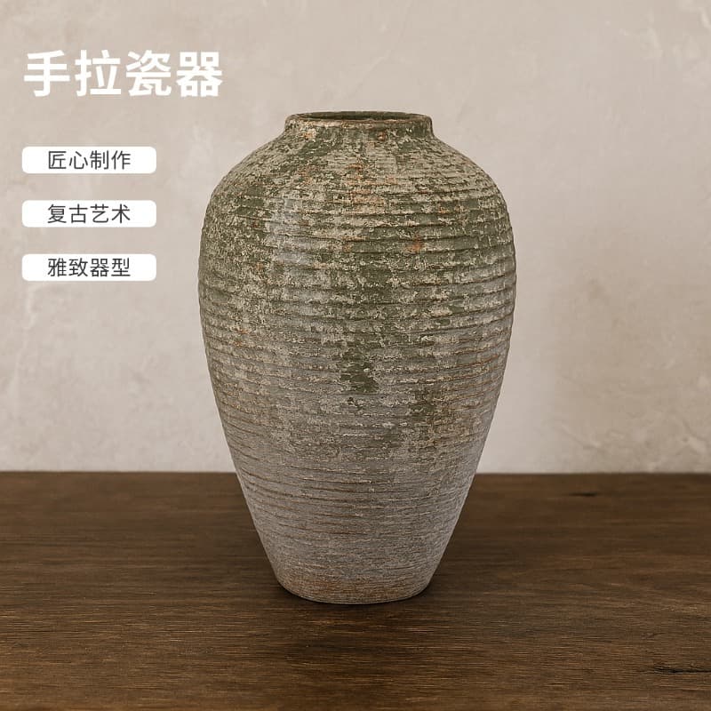 40cm Tall Distressed Mottled Dark Green Hand-Thrown Ceramic Vase, Vintage High-End Earthenware Pot for Dried Flowers