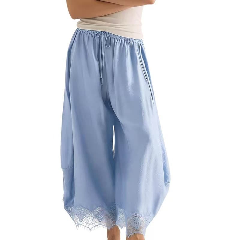 In Stock Cross-Border European and American Women's Fashion Amazon TK Women's Curved Leg Pants Elastic Waist Lace Trim Ankle Pants